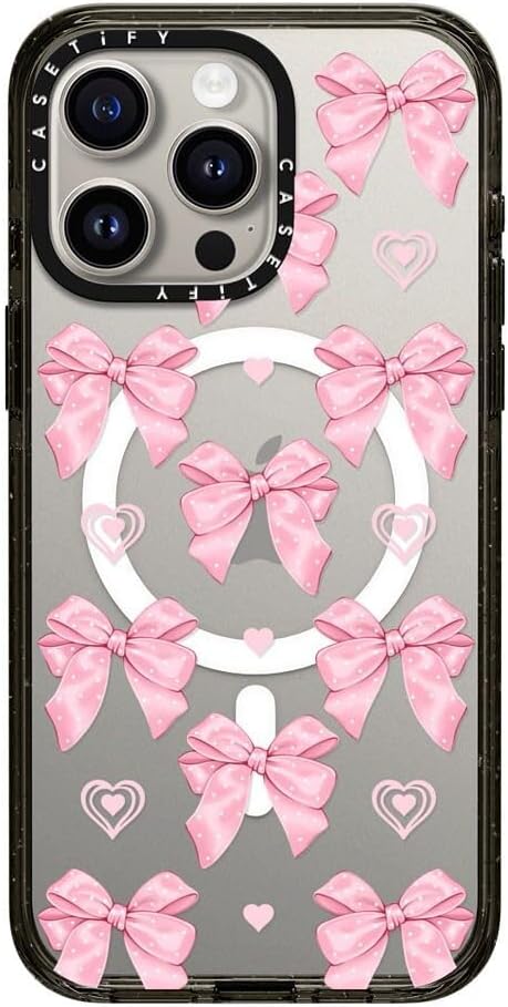 CASETiFY Impact Case for iPhone 15 Pro Max [8.2ft 4X Military Grade Drop Protection/Compatible with Magsafe] - Pink Bows - Clear Black