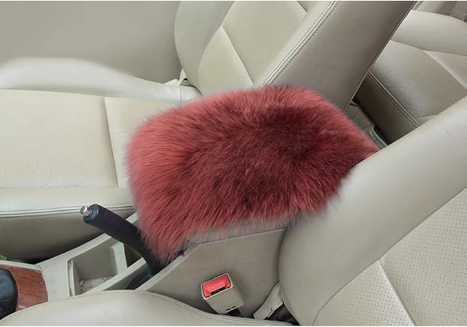 Center Console Cushion Pad/Cover, 11.4"x7.4" Furry Armrest Cover for Cars, Vehicles, SUVs, Premium Sheepskin Wool, Car Interior Accessories for Women(Wine Red)
