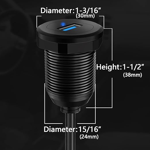 BATIGE Alloy Single Port USB 3.0 Dashboard Port Car Mount Flush Cable, Male to Female Waterproof Extension Cable for Car Truck Boat Motorcycle with LED Indicator 1ft