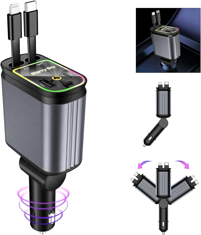 Retractable Car Charger, 4 in 1 Fast Charging Car Charger USB-C & USB-A Compatible with iPhone 16/15/14/13/12/11/X,Galaxy,Pixel