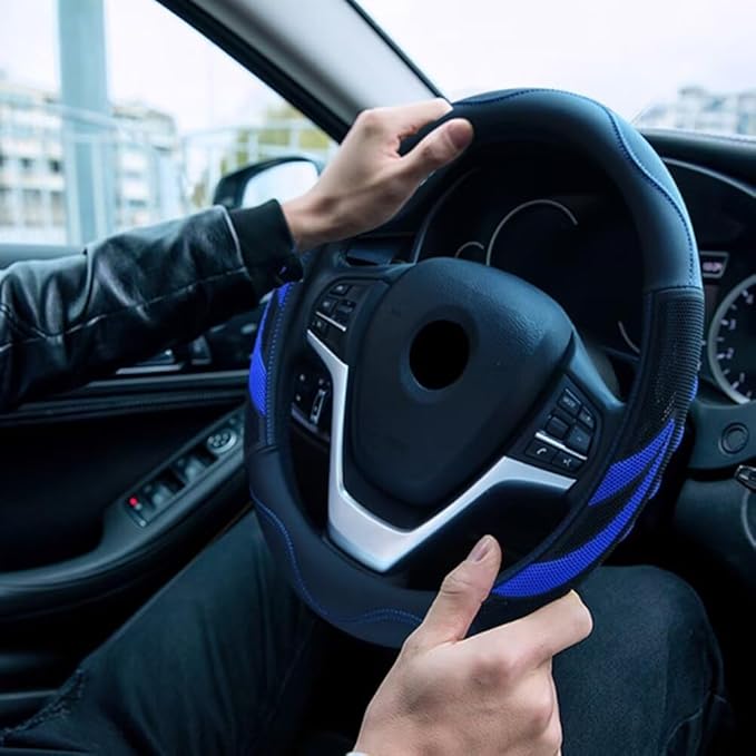 Alusbell Microfiber Leather Steering Wheel Cover Breathable Auto Car Steering Wheel Cover for Men and Women Universal 15 Inches (Blue)