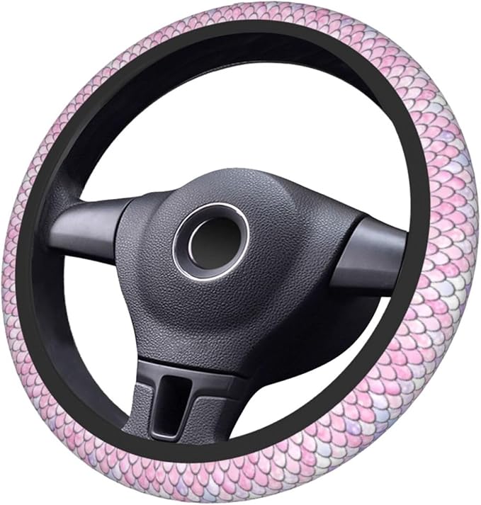 Mermaid Scales Steering Wheel Cover - Fish Scale Steering Wheel Cover Anti-Slip Breathable Universal for 15 Inch Car with 2 Pieces Car Coasters Suitable for Men Women