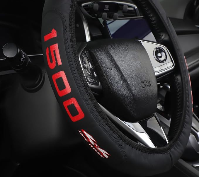 Black Leather Steering Wheel Cover,Elastic Breathable Design,Universal 14-15 Inch Compatible with Silverado 1500 Sierra 1500 Ram 1500 Car Accessories