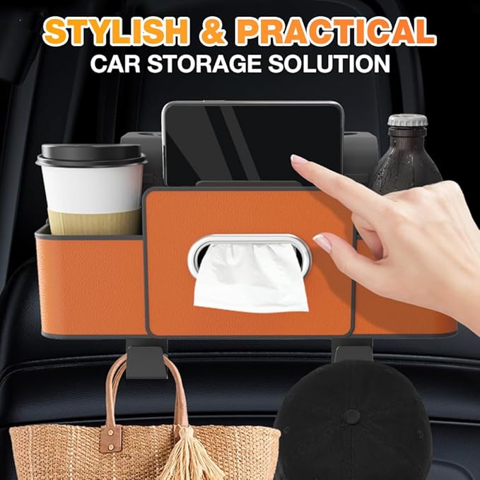 Back Seat Car Organizer,3 in 1 Car Backseat Storage Box with Cup Holder,Tissue Box,Trash Bin&Hooks,Multifunctional Waterproof Storage for Hold Phones Snacks Drinks Handbags (1, Brown+White)