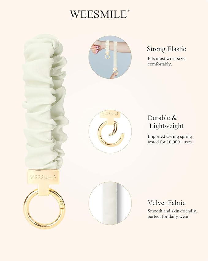 WEESMILE Keychain Wristlet, Stretchy Key Chain for Car Keys with D ring, Cute Scrunchie Wrist Bracelet for Women Men