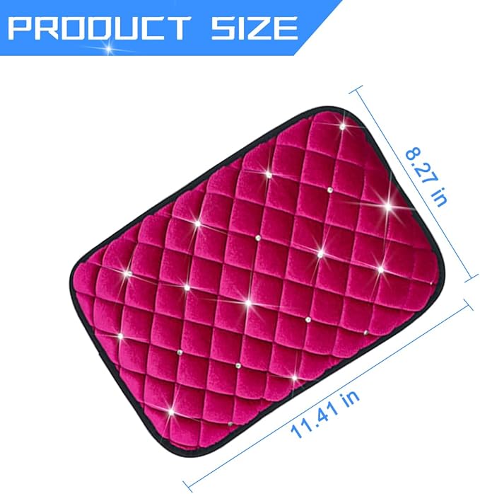 Mandark Bling Car Center Console Cover, Crystal Rhinestone Fluffy Automotive Armrest Seat Box Cushion Pad, Soft Comfortable Diamond Arm Rest Protection Mat, Universal Vehicle Accessories (Rose Red)
