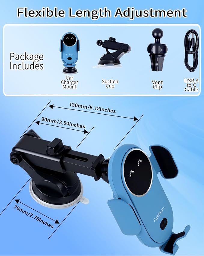 Wireless Car Charger Mount with Air Vent Clip & Suction Base, 15W Fast Auto-Clamping Charging Phone Holder for iPhone 17/16/15/14, Samsung S24/S23, etc.(Blue)