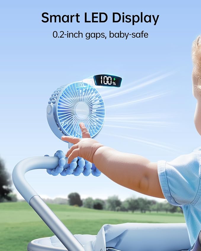 SWEETFULL Portable Stroller Fan with LED Display, 4 Speed Rechargeable Mini Clip On Fan, 360° Rotate Flexible Tripod Better Cooling Small Baby Fan for Car Seat Crib Travel Bike Treadmill (Blue)