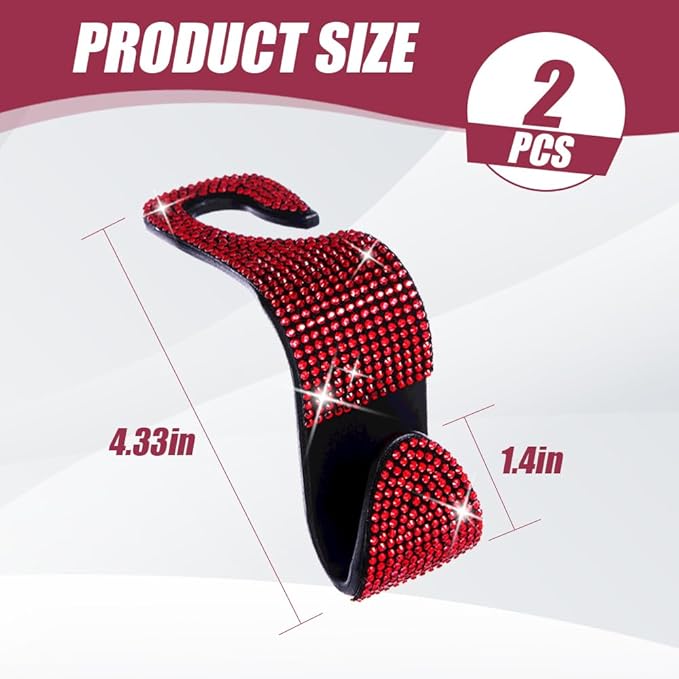 2 Pack Car Seat Headrest Hooks, Bling Car Organizer Hanger Storage Hooks for Bags, Clothes, Coats, Grocery Bags (Red)