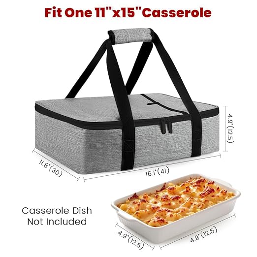 Bodaon Casserole Carriers for Hot or Cold Food, Fits 11"x15"Baking Dish, Bottom Support, Cationic fabric, Portable Warmer for Travel, Keep Warm Food Containers,Keeps Food Hot for Hours, Grey