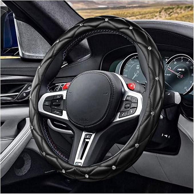Diamond Soft Leather Bling Steering Wheel Cover, Universal Car Steering Wheel Protector with Crystal Rhinestones, 15 Inch Anti-Slip Interior Accessories for Women, Trucks, SUVs (Black)