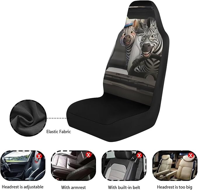 Zebra Car Seat Covers Set of 2 Funny Automobile Front Seat Covers Elastic Polyester Protection Interior Accessories Easy Installation Suitable for Most Cars,SUV,Sedan
