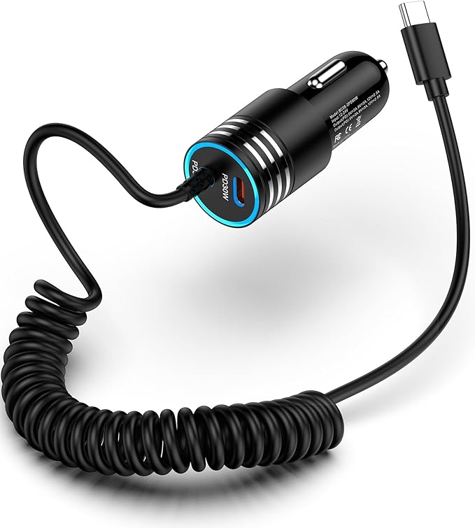 iPhone 16e 17e Car Charger USB C, 60W Dual PD Super Fast Charging Car Adapter with Coiled USB-C Cable for Apple 17/16 Pro Max/16 Pro/15 Plus/15Pro, iPad mini/Air/Pro 11 inch, Type C cargador para Car