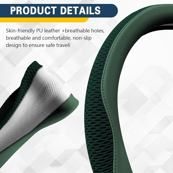 Car Steering Wheel Cover, Steering Wheel Accessories, Universal 15 Inch Microfiber Breathable LCE Silk, Car Accessories Breathable Anti-Slip Protector Universal for SUV Sedan Truck (Green)
