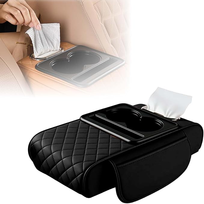 Multifunctional Car Armrest Cushion with Integrated Booster, 2026 Upgraded Universal Style Memory Cotton Car Armrest Box Pad, Car Center Console Armrest Pillow, with 2 Cup Holder (Black)