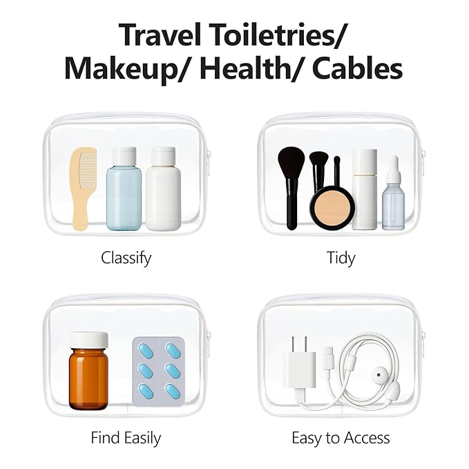 PACKISM TSA Approved Toiletry Bag - Clear Makeup Bag 3 Pack Medium, Metal Smooth Zipper Quart Size Bag for 3-1-1 Liquids, Travel Makeup Bag for Women Men, Airport Airline Compliant Bag, White