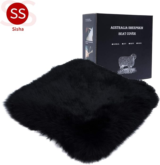 Winter Warmth: Universal Sheepskin Seat Cushion Cover - Natural Wool, for Cars, Trucks, SUVs & Vans - Cozy & Stylish Driving Companion Front Black