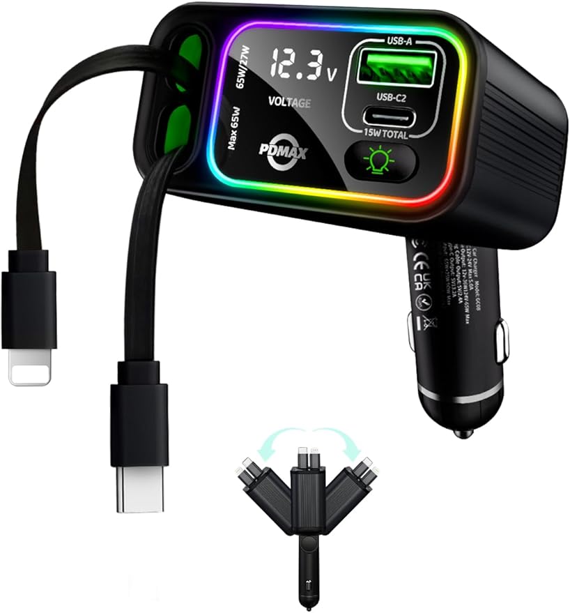 Retractable Car Charger USB C,107W Type C Car Charger Fast Charging with Dual Retractable Cable and USB Ports for iPhone 17/16/15,S25/24/23/22, Pixel 9/8/7(Build-in USB-C & Lightning Cable)
