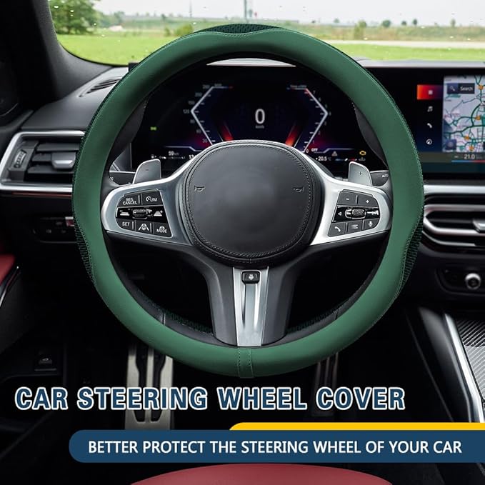 Car Steering Wheel Cover, Steering Wheel Accessories, Universal 15 Inch Microfiber Breathable LCE Silk, Car Accessories Breathable Anti-Slip Protector Universal for SUV Sedan Truck (Green)