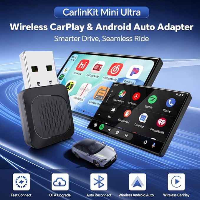 Carlinkit Wireless CarPlay/Android Auto Adapter - 2026 Mini Ultra Compatible with Factory Wired CarPlay/Android Auto Car, USB-A/C Plug & Play, 5.8GHz Dongle, Auto-Connect, OTA Upgrade