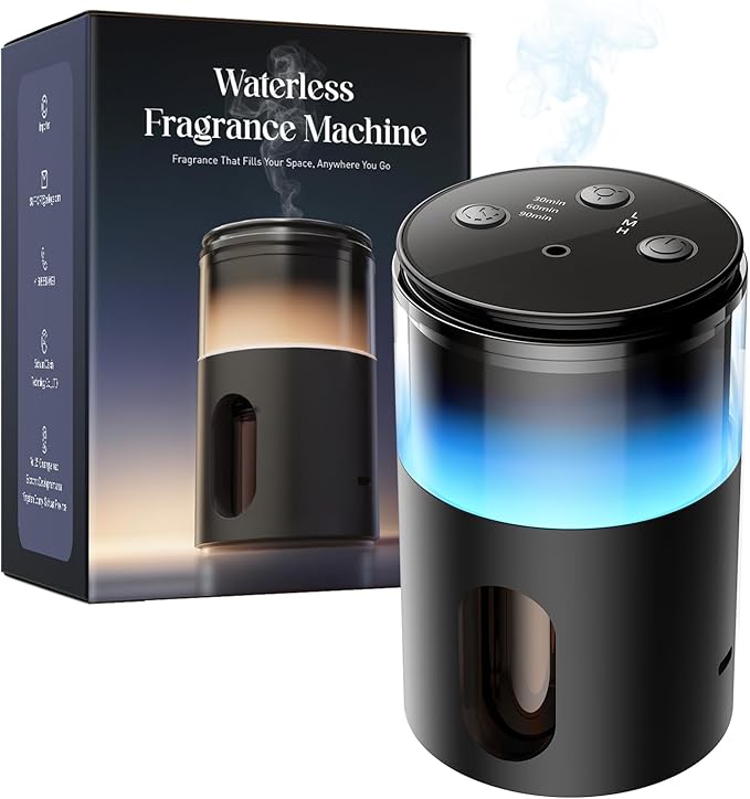 Waterless Essential Oil Diffuser: 9 Colors LED Scent Diffuser for Home&Car&Office - Portable Diffuser with 48H Battery, 4 Timers & 3 Mist Levels, Charcoal Black