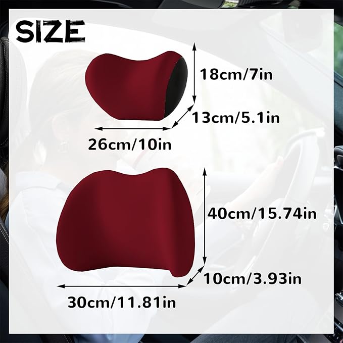 Car Headrest & Lumbar Support Cushion, Car Headrest and Lumbar Support, Ergonomic Car Seat Headrest & Lumbar Cushion, Car Head Rest and Lumbar Pillow Set for Neck Back Pain Relief (Wine)