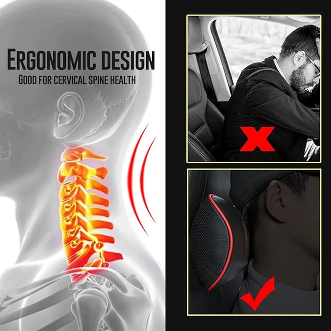 Car Leather Neck Pillows, Neck Rest Cushions,100% Memory Foam Cervical Support, Comfortable Travel car Seats and Home Office Soft Pillows, Black a Set (2 pcs)