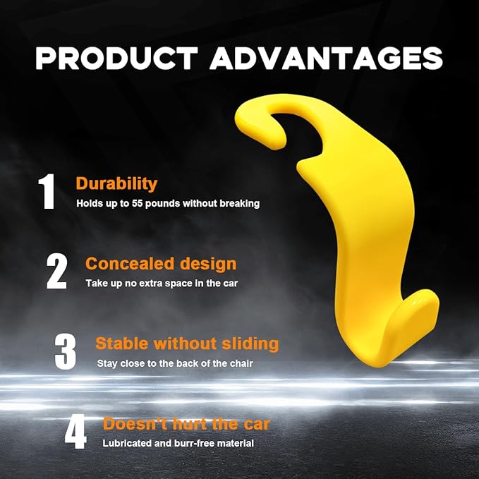 4PCS Car Seat Headrest Hook, Auto Back Seat Hanging Storage Organizer, Vehicle Seatback Hanger Holder for Purse Handbag Coat Umbrella, Universal Interior Car Accessories (Yellow)