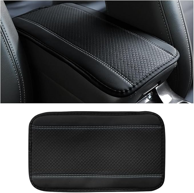 Car Armrest Seat Box Cover, Comfortable Leather Automotive Center Console Cushion Pad, Soft Waterproof Vehicle Arm Rest Protector Mat Accessories, Universal for RV, SUV, Truck (Black/Gray)