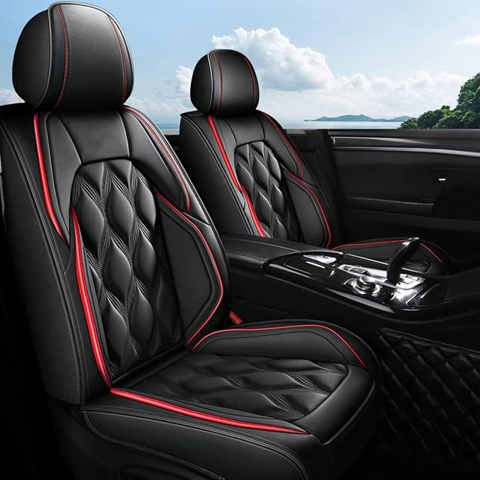 AOMSAZTO 2 Front Seat Custom Fit for Honda Ridgeline 2006-2025,Waterproof Faux Leather Automotive Cushion Covers Seat Protector,Airbag Compatible (2 Seats Black&Red) Truck Seat Covers
