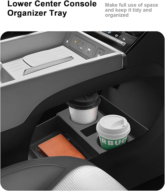 ECOZEN 2026 Santa Fe Center Console Organizer - 2 Pcs Armrest Box Storage Tray + Lower Center Console Tray With Extra Two Cup Holders For 2024-2026 Hyundai Santa Fe/Hybrid Interior Accessories