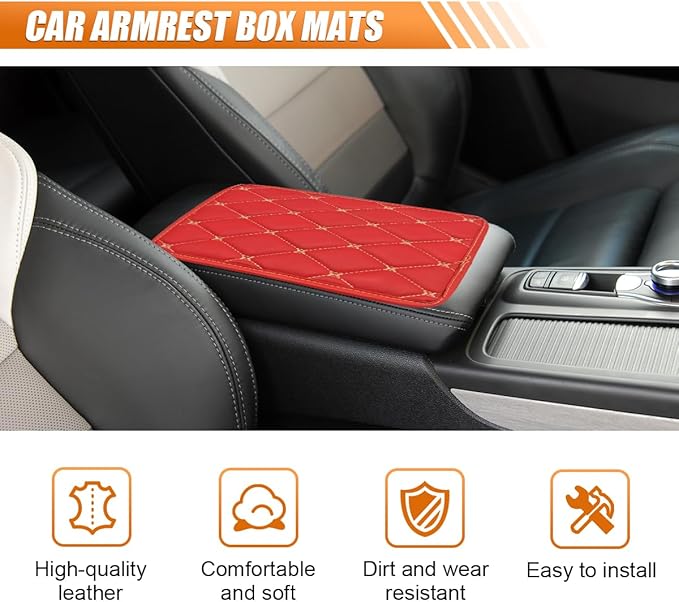Leather Center Console Cover for Cars, Waterproof Arm Rest Box Protective Cover Car Center Console Cushion Pad, Universal Middle Console Armrest Pad Cover for Most Vehicles (Red/Beige)