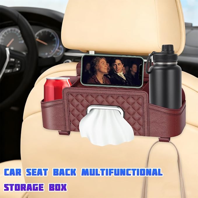 Car Headrest Backseat Organizer, Multifunctional Vehicle Seat Back Hanging Storage Box with Cup Holder and Hooks, Automotive Interior Headrest Storage Organizer, Universal Fit (Wine Red)