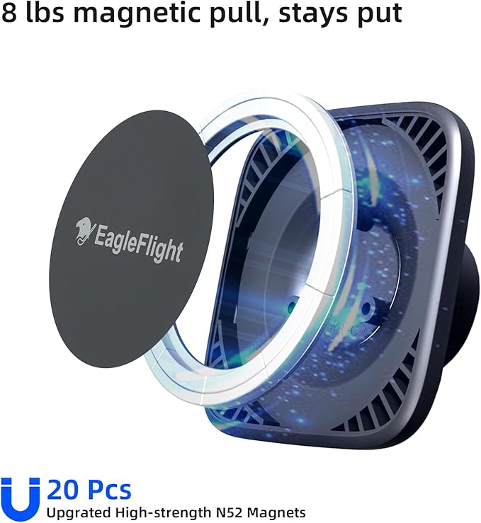 EagleFlight 17mm Magnetic Phone Mount Base for MagSafe - 5.5LBS Strong Magnet,Universal Car Accessory for iPhone 16/15/14/13/12, Secure Hold on Bumpy Roads, 360° Rotation, Rubber Protection