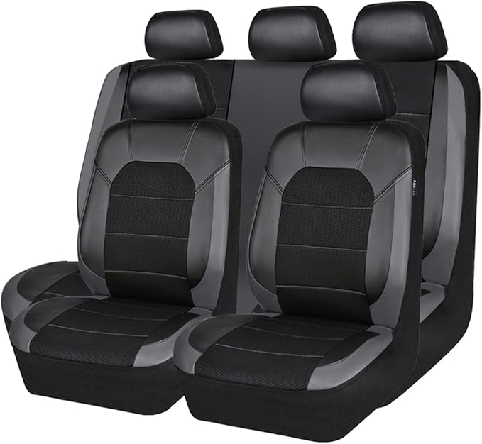 CAR PASS Leather Seat Covers, Automotive Sport Car Seat Cover Super 5mm Composite Sponge Inside, Airbag Compatible Universal Fits Most Cars, SUVs, Trucks and Vans (Full Set,Black & Gray)