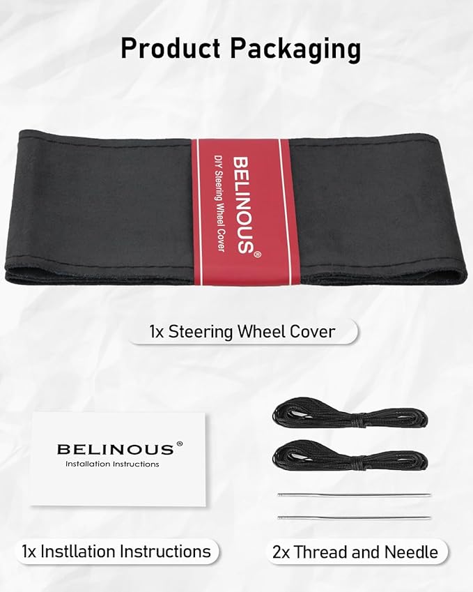 Belinous Suede Leather Steering Wheel Cover, DIY Stitch-On Steering Wheel Wrap with Needle & Thread, Non-Slip & Sweat-Absorbing, Universal Fit for 13.75-16 Inch (Size L4, Black)