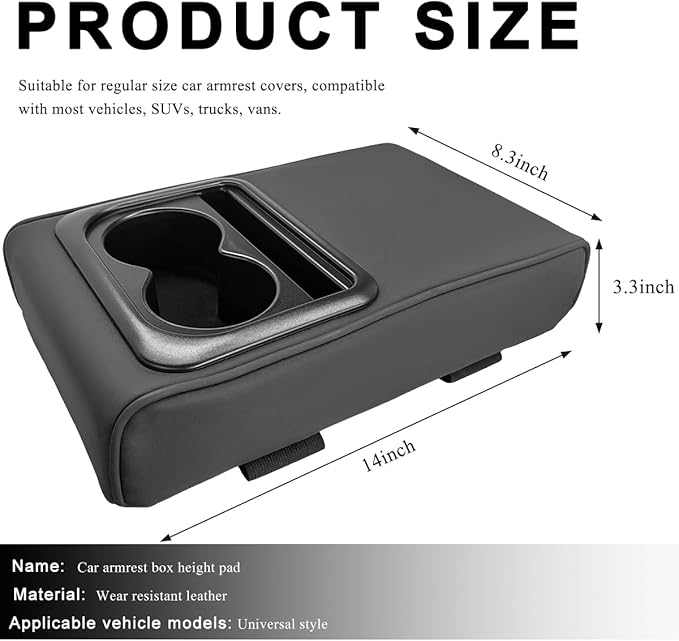 Car Center Console Armrest Pillow, 14"×8.3" Waterproof Leather Armrest Box Cover with Cup and Phone Holder, Soft Memory Foam Arm Rest Console Pad Protector for SUV Truck (Black, Glossy)
