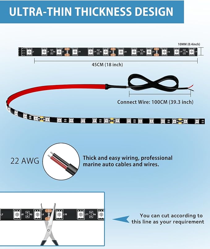 12V Led Light Strip 18" Connectable Ice Blue LEDs Strip Lights Waterproof for Car Motorcycle Golf Cart Trucks Boat Marine Automotive Led Light Strip, 4Pack
