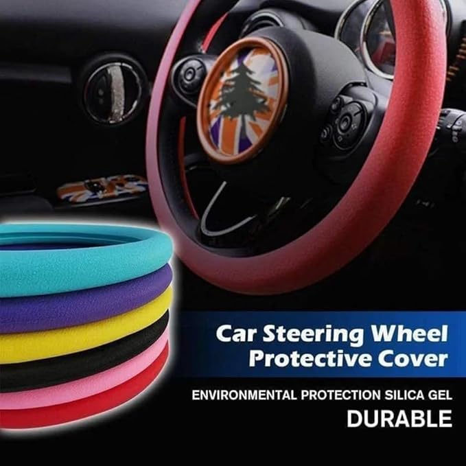 Car Steering Wheel Protective Cover, Silicone Steering Wheel Cover Grip, Cool Non-Slip Thin Steering Wheel Protector, Stretchy, Silent, Fits 13/14/15/16 inch Wheels (Red)