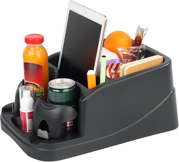 Big Plastic Console for Cars, Trucks, Minivans, SUVs with 2 Adjustable Drink Cup Holders Phone Book Holder, Back Bench and Front Seat or Floor Middle Console Universal Vehicle Organizer Black