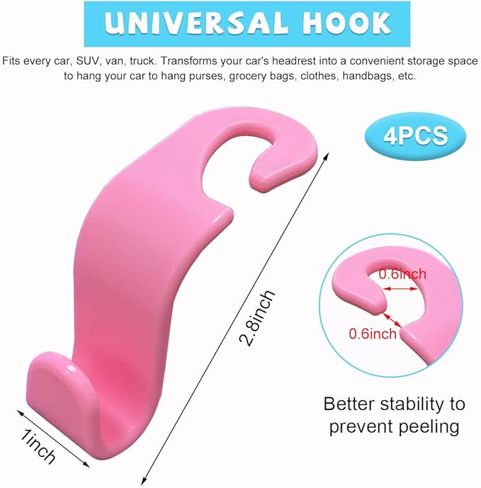 Ziciner Car Seat Headrest Hooks, 4 Pack Auto Durable Backseat Hangers Storage Organizer, Universal Vehicle Interior Holder Accessories for Purse, Grocery Bags, Handbag, Cloths ect (Pink)