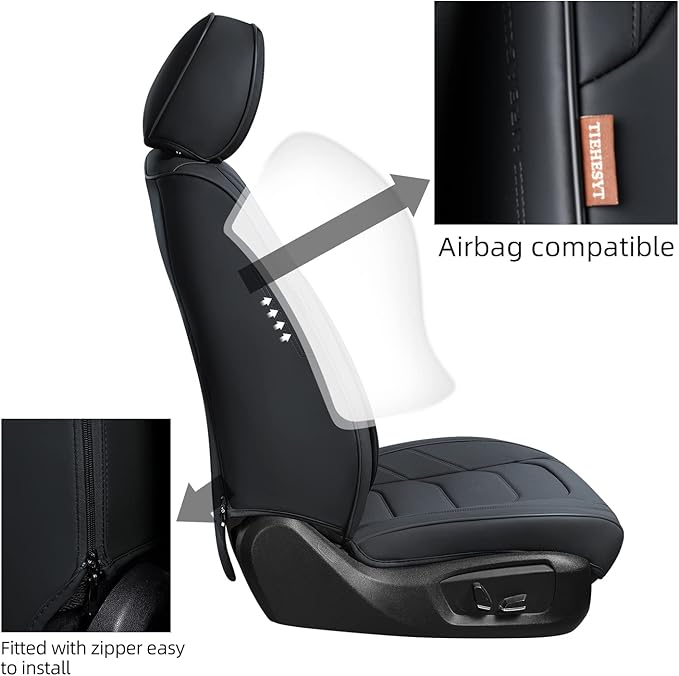 Black Car Seat Covers Full Set, Breathable Leather Automotive Front and Rear Seat Covers & Headrest for Comfortable Driving, Universal Auto Interior Fit for Most Kinds of Vehicles, Cars