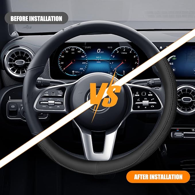 Car Steering Wheel Cover, 14.5-15" Breathable Soft Leather Vehicle Steering Wheel Protector with Anti-Slip Lining, Comfortable Auto Interior Decoration Accessories, Universal Fit (Black)