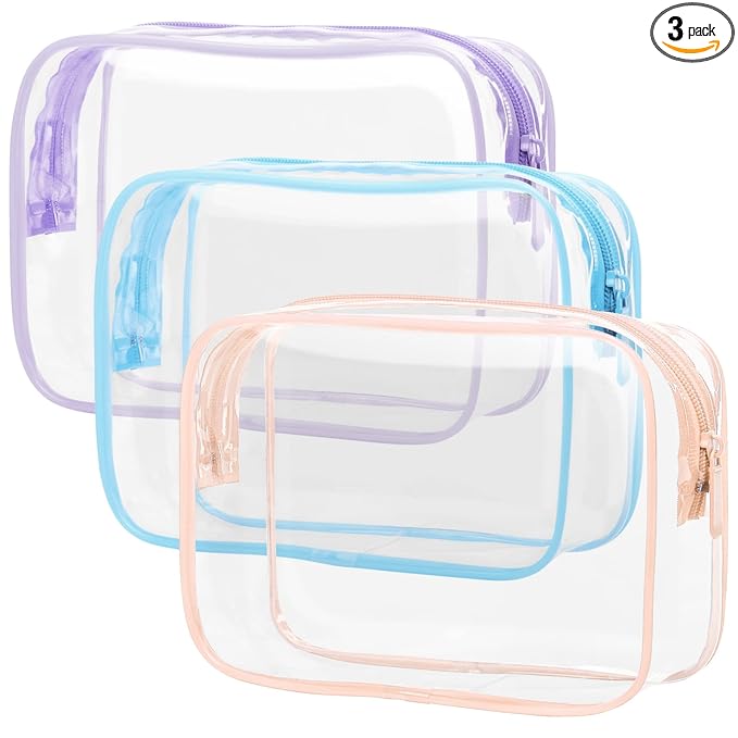 PACKISM TSA Approved Toiletry Bag 3 Medium - Quart Size Clear Makeup Bag for Carry On, Airport Security Compliant Clear Travel bag for Toiletries with Reinforced Seams, Blue Purple Pink