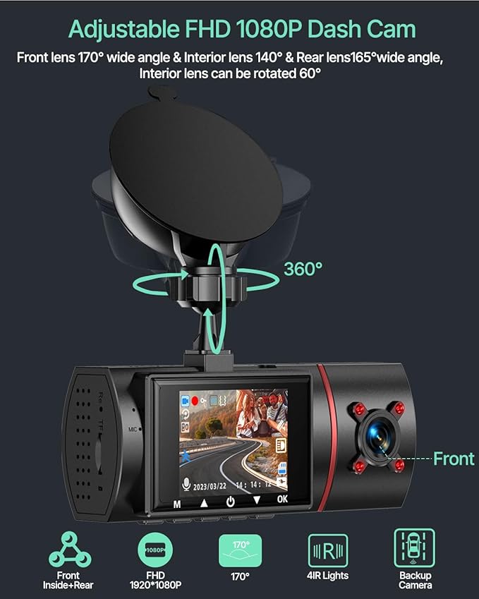 Dash Cam Front Rear and Inside, 3 Channel Dual Dash Camera for Cars W/ 64GB Card,1080P Dashcam Front with Night Vision,Loop Recording,G-Sensor,24H Park Monitor