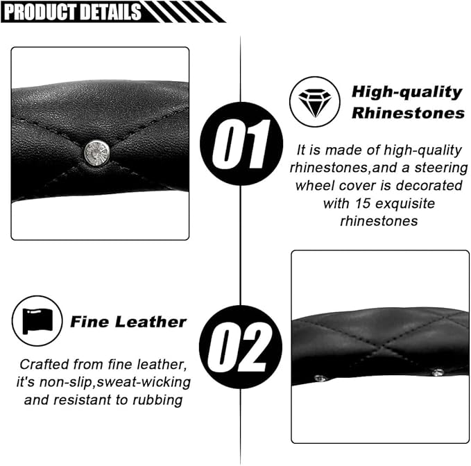 Diamond Soft Leather Bling Steering Wheel Cover, Universal Car Steering Wheel Protector with Crystal Rhinestones, 15 Inch Anti-Slip Interior Accessories for Women, Trucks, SUVs (Black)