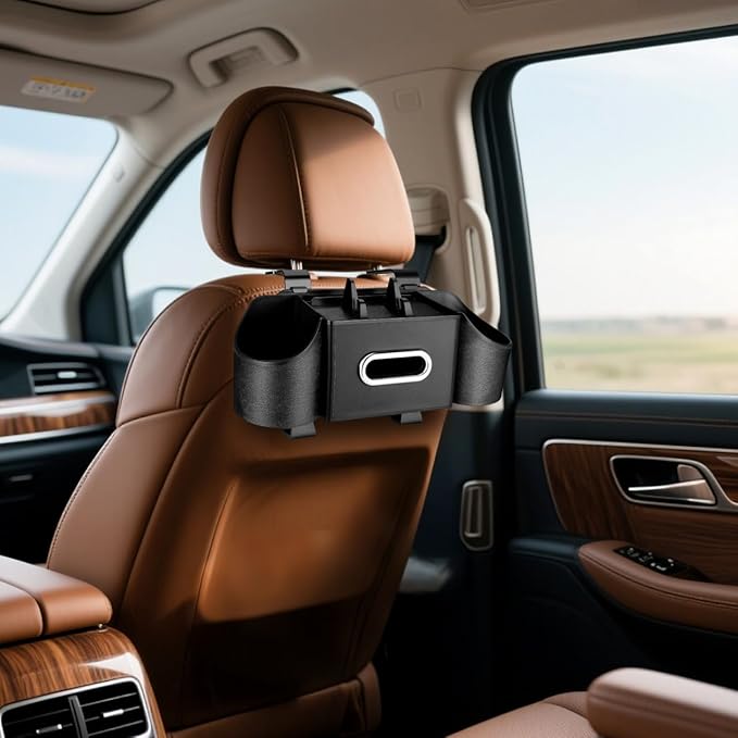 Ciieeo 4 in 1 Backseat Car Organizer with Cup Holder Tissue Box and Hooks Multifunctional Seat Back Storage Box for Road Trip Travel Accessories Universal Auto Headrest Holder