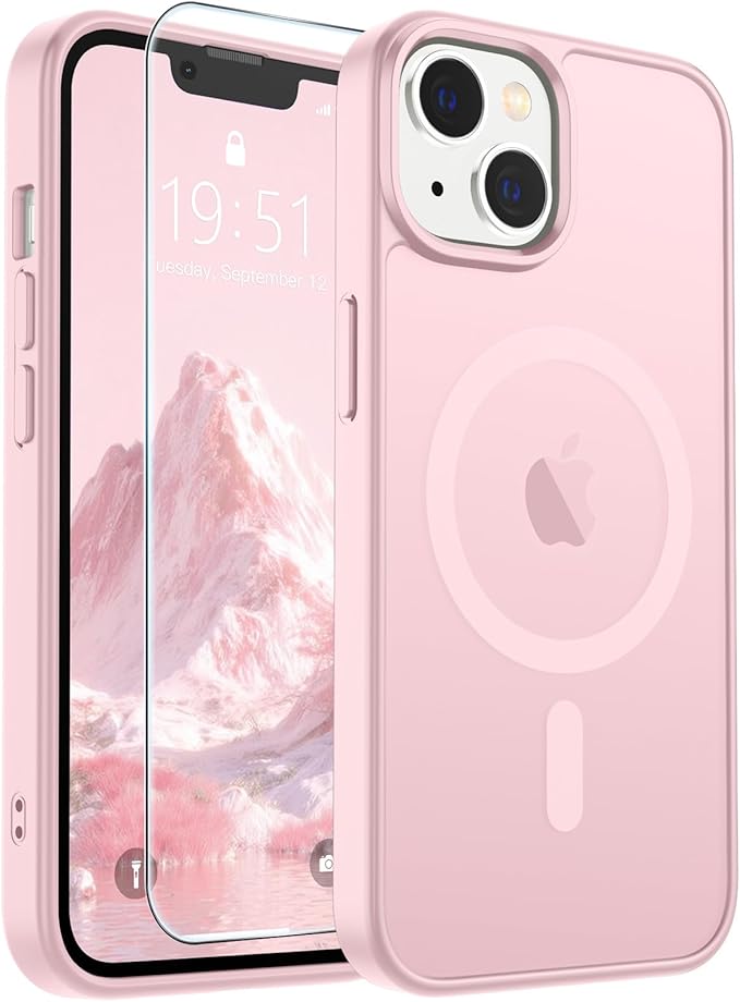 SUPFINE Magnetic for iPhone 15 Plus Case & iPhone 14 Plus Case with Screen Protector (Compatible with MagSafe)(Military Grade Drop Protection) Translucent Shockproof Phone Cover,Light Pink