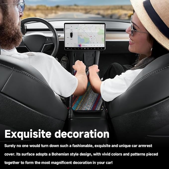 Bohemian Universal Armrest Cover Pad, Car Center Console Cushion, Boho Ethnic Style Auto Armrest Decorative Pad with Elastic Straps, Car Arm Rest Cover Protector for Vehicles (Armrest Cover-A)