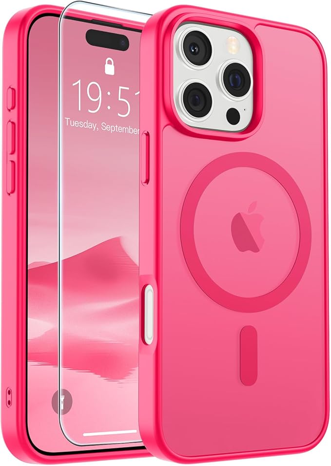 SUPFINE Magnetic for iPhone 16 Pro Case (Compatible with MagSafe) (Military Grade Drop Protection) Slim Translucent Matte Shockproof with Anti-Fingerprint Phone Case,Hot Pink